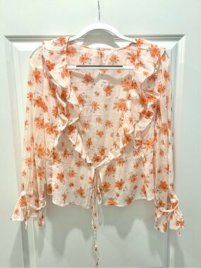 Free People Cream Blouse with Orange Floral Ruffles